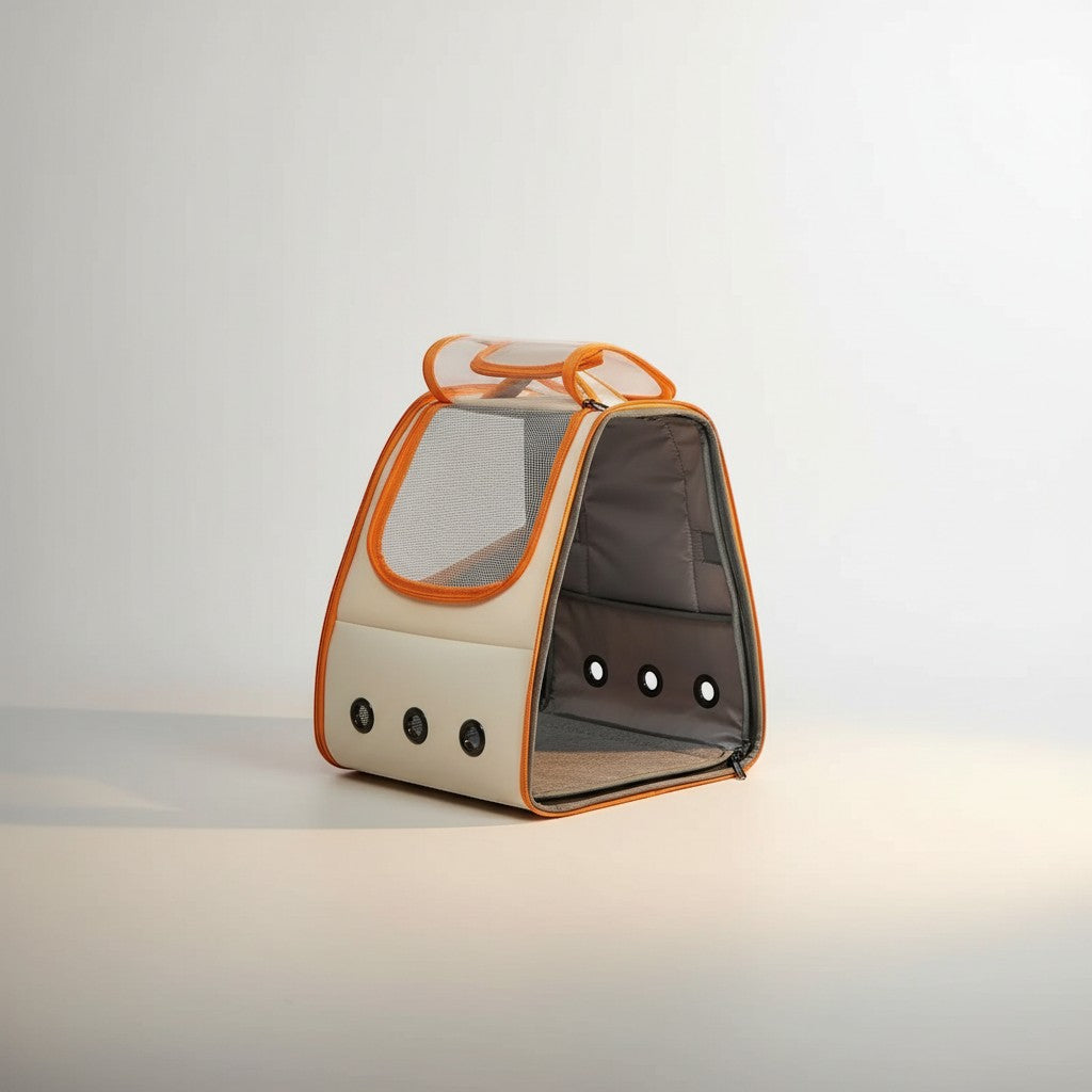 COMFORT cream and orange pet carrier backpack with mesh ventilation panels and sturdy zippers for travel