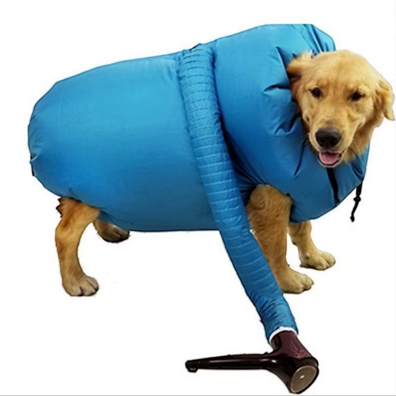 COMFORT blue pet drying bag with hose attachment for hairdryer, featuring a golden retriever dog inside.