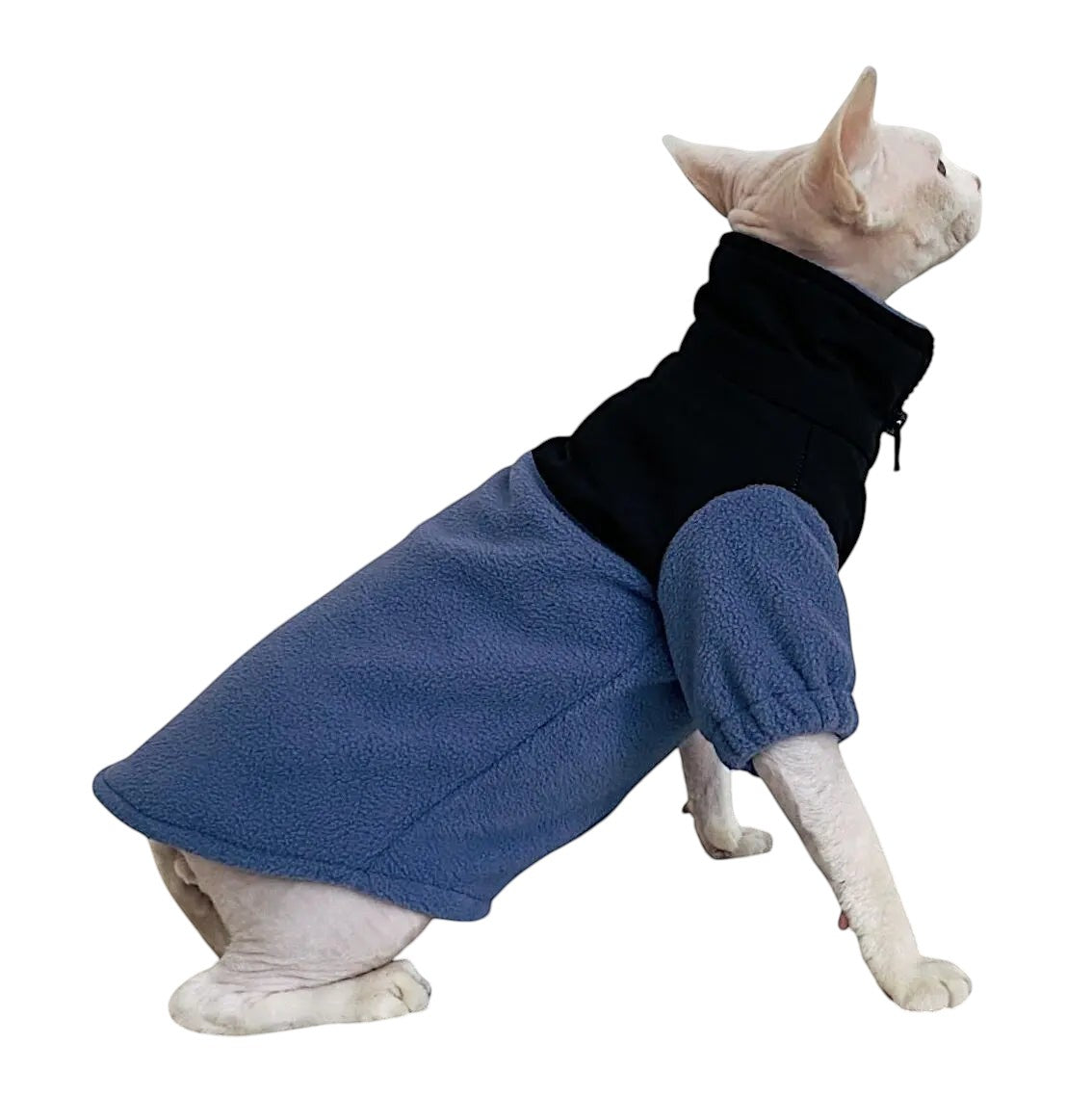 COMFORTH pet jacket in blue and black fleece with a high collar and zipper closure. Designed for cats.