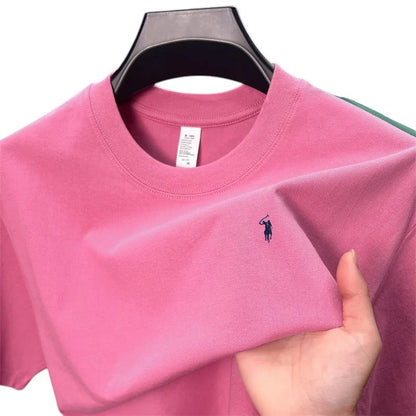 COMFORT crew neck short sleeve t-shirt in pink cotton blend with embroidered navy logo on chest.
