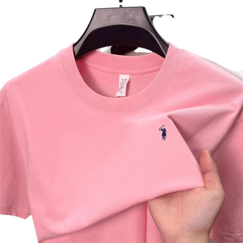 COMFORT pink crew neck short sleeve t-shirt with embroidered logo on chest, made from cotton blend