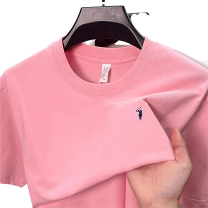 COMFORT pink crew neck short sleeve t-shirt with embroidered logo on chest, made from cotton blend