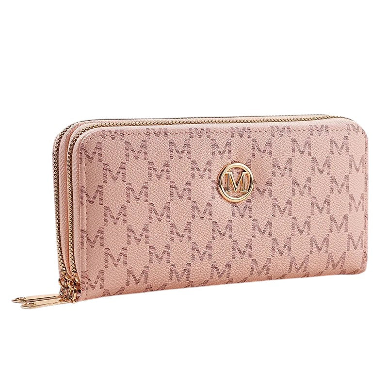 COMFORTH pink faux leather double zip wristlet wallet with multiple card slots and gold M emblem