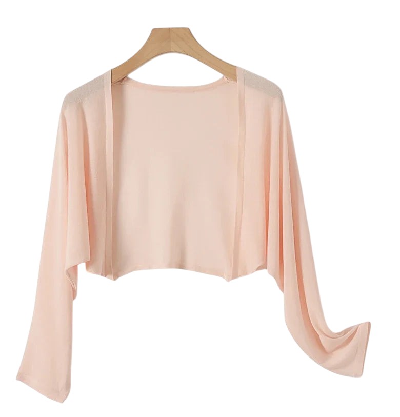 COMFORT light pink ice silk knit sun protection cover up with long sleeves and open front.