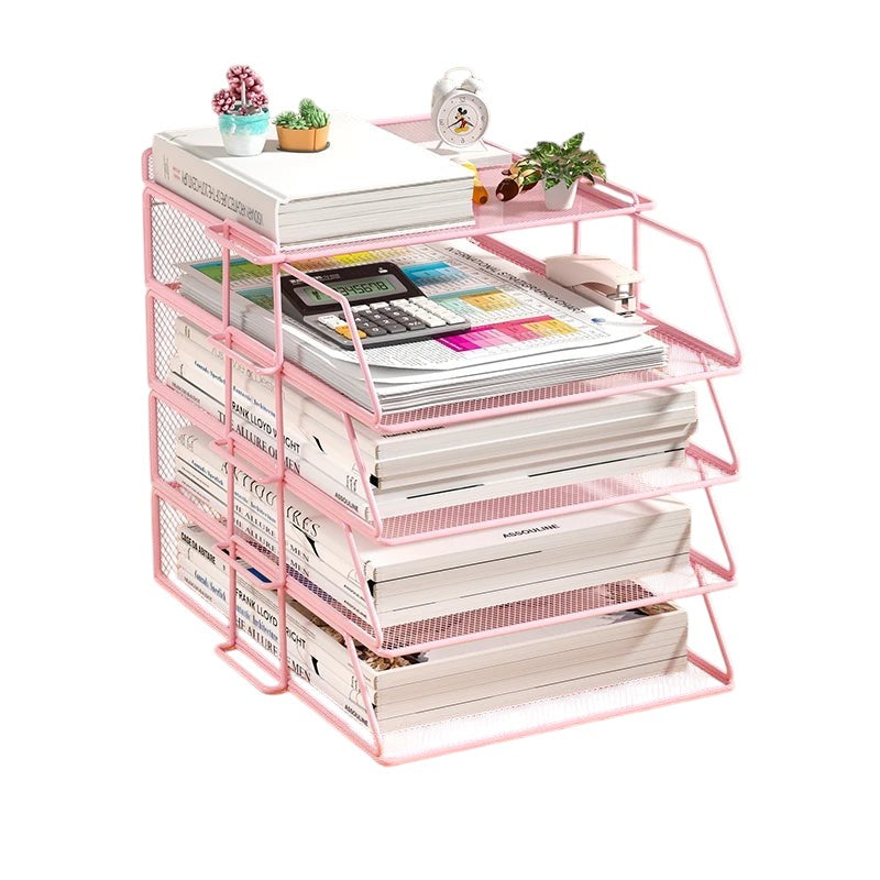 COMFORT pink 4-tier mesh desk organizer with vertical design, holding books, files, calculator, and stapler.