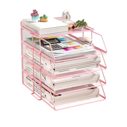 COMFORT pink 4-tier mesh desk organizer with vertical design, holding books, files, calculator, and stapler.