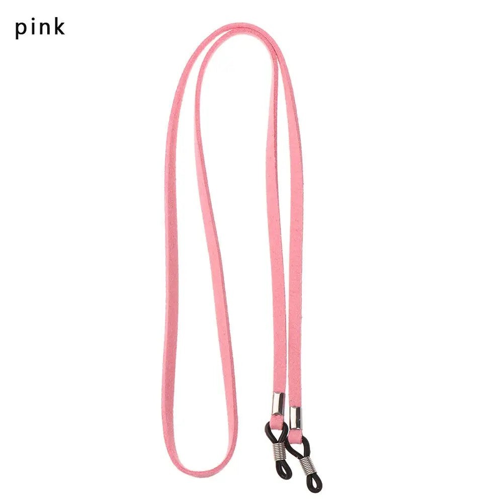 COMFORT pink suede eyeglass chain strap with adjustable silicone loops and metal connectors