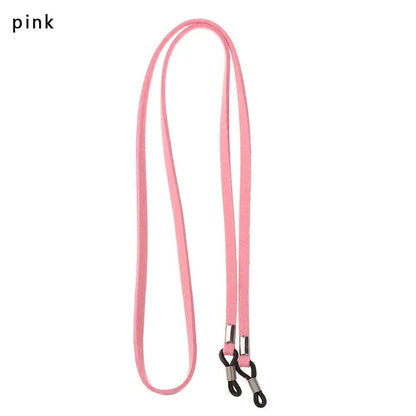 COMFORT pink suede eyeglass chain strap with adjustable silicone loops and metal connectors