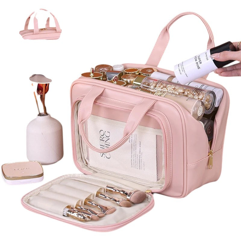 COMFORT pink PU leather travel makeup bag organizer with gold zipper, mesh pockets, and brush holder. Includes makeup and toiletries.