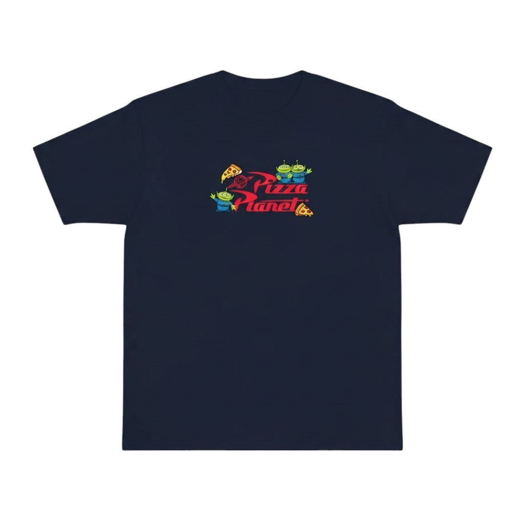 COMFORTH navy blue cotton blend t-shirt with Pizza Planet graphic inspired by Toy Story, featuring aliens and pizza.