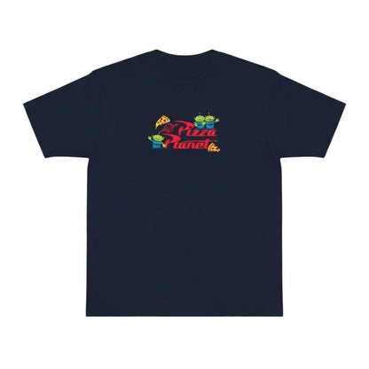 COMFORTH navy blue cotton blend t-shirt with Pizza Planet graphic inspired by Toy Story, featuring aliens and pizza.