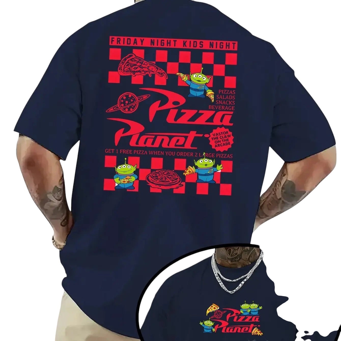 COMFORTH navy blue cotton blend t-shirt with Pizza Planet graphic featuring Toy Story aliens, pizza slices, and promotional text.