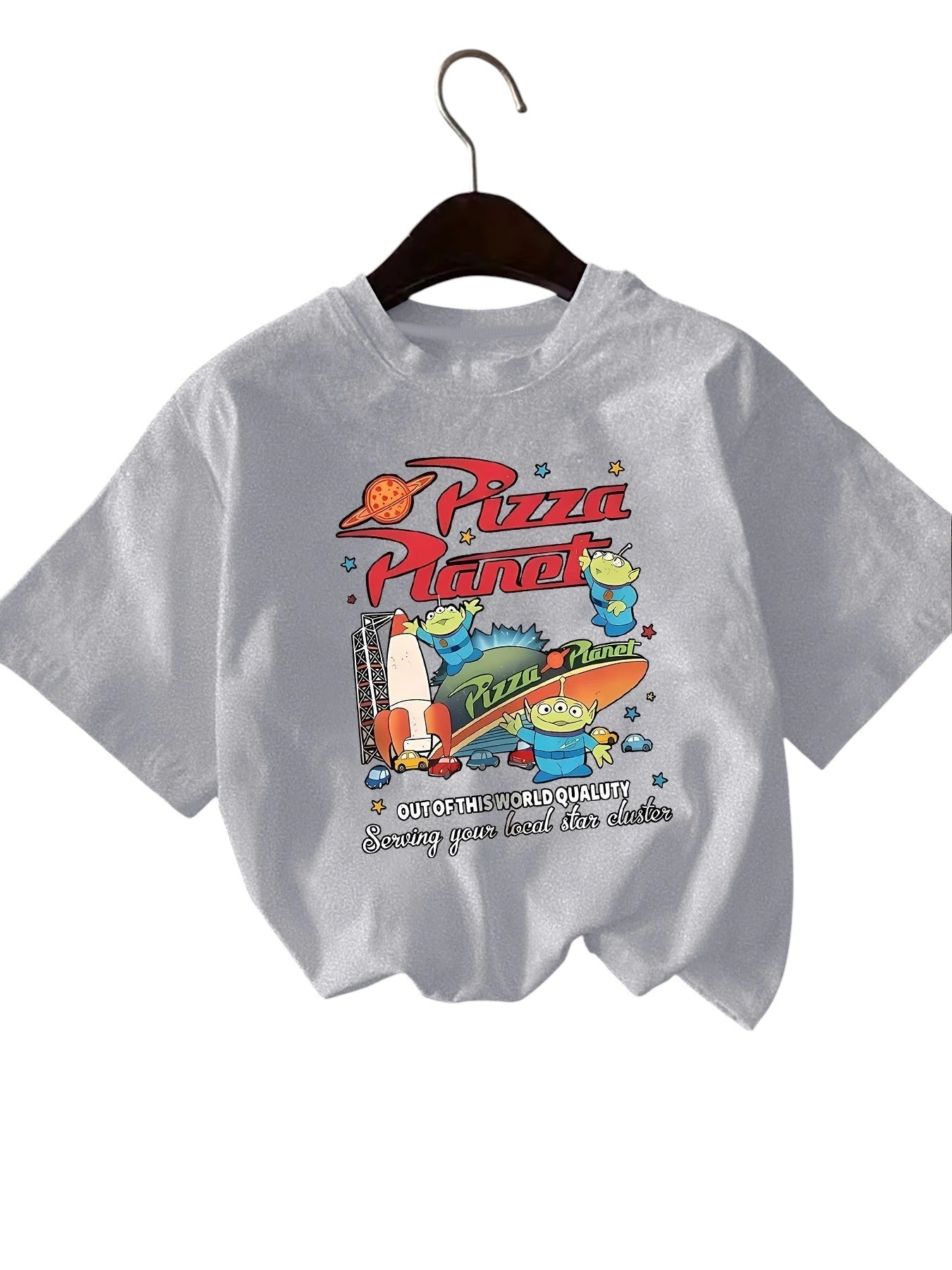 COMFORTH graphic print short sleeve t-shirt in light grey with Pizza Planet graphic and aliens. 100% cotton.