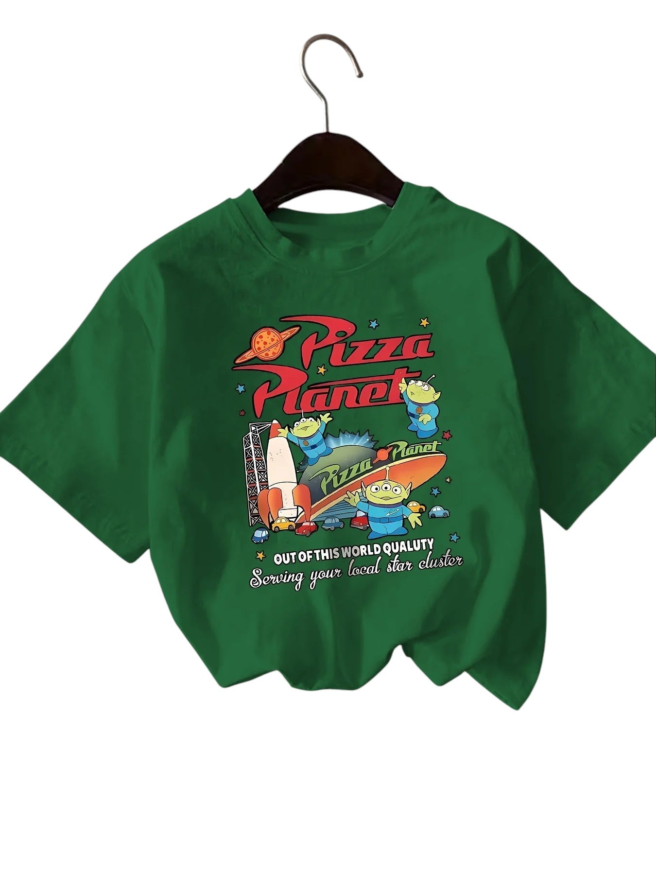 COMFORTH green cotton short sleeve t-shirt with "Pizza Planet" graphic featuring aliens and a rocket.