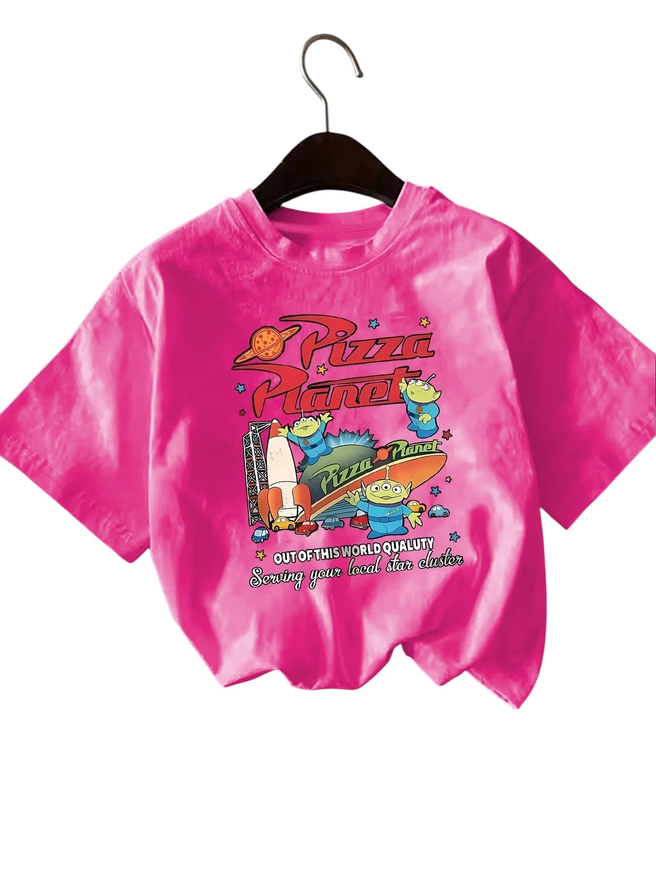 COMFORTH graphic print short sleeve t-shirt in bright pink with Pizza Planet alien and rocket design.