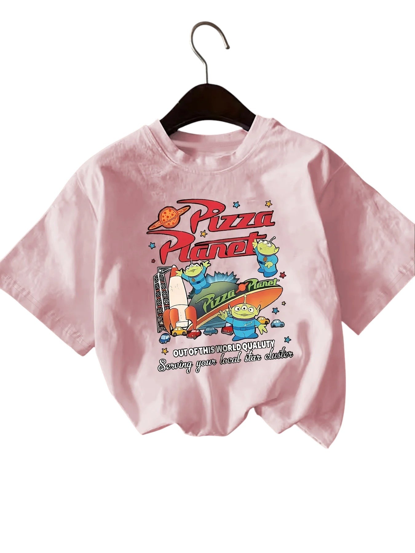 COMFORTH pink cotton short sleeve t-shirt with a "Pizza Planet" graphic featuring aliens and a rocket. Crew neck.