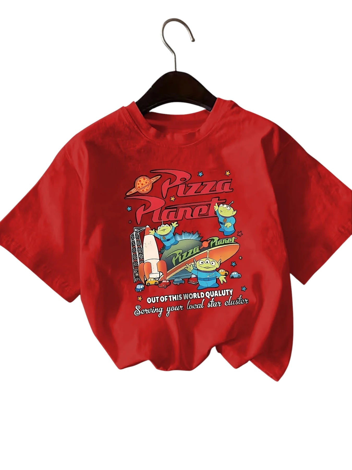 COMFORTH red cotton short sleeve t-shirt with "Pizza Planet" graphic featuring aliens and a rocket.