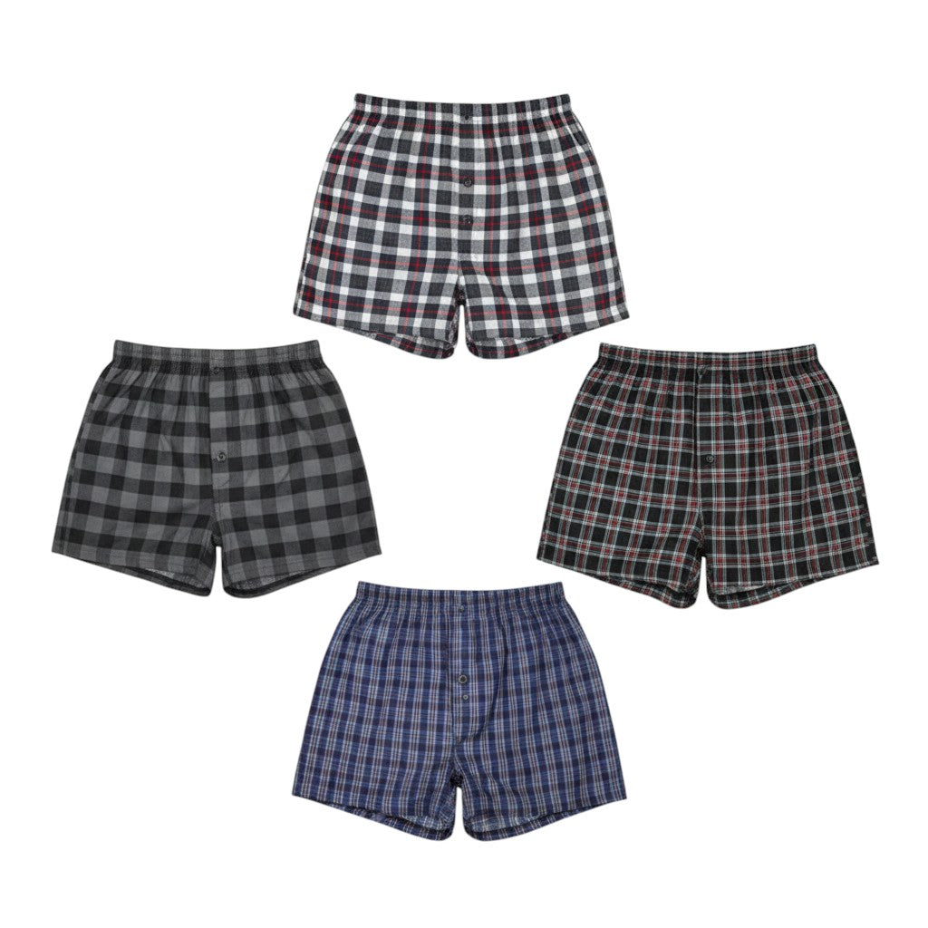 COMFORTHere's a 3-pack of men's woven boxer briefs in plaid patterns: black/white/red, grey, black/red, and blue. Features button fly.