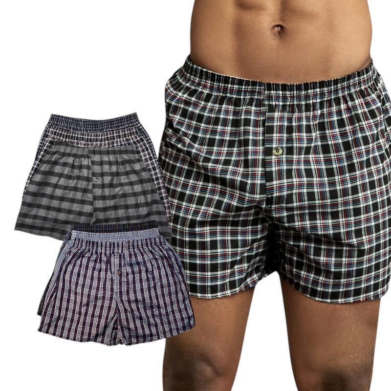 COMFORTHere's a 3-pack of men's woven boxer briefs in plaid patterns. Features include elastic waistbands and button flys.
