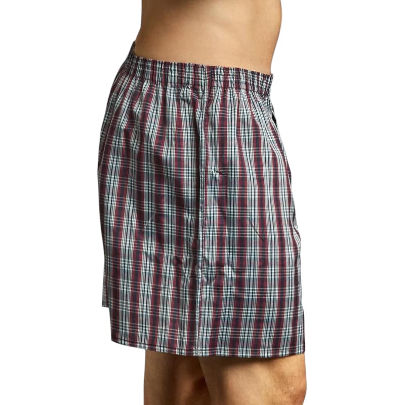 COMFORTHere's a 3-pack of men's woven boxer briefs in a classic red, white, and green plaid pattern. Features an elastic waistband and button fly.