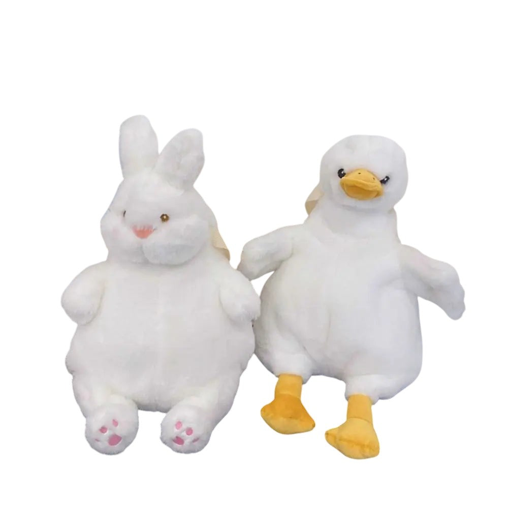 COMFORTH white plush bunny and duck backpacks for kids and adults, soft, whimsical, functional.