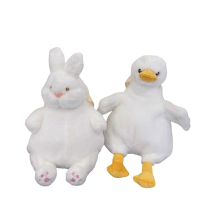 COMFORTH white plush bunny and duck backpacks for kids and adults, soft, whimsical, functional.