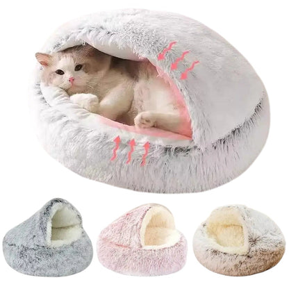 COMFORT plush enclosed cat bed with draped cover, featuring a soft, cozy interior and a burrowing design for security. Available in grey, pink, and beige.