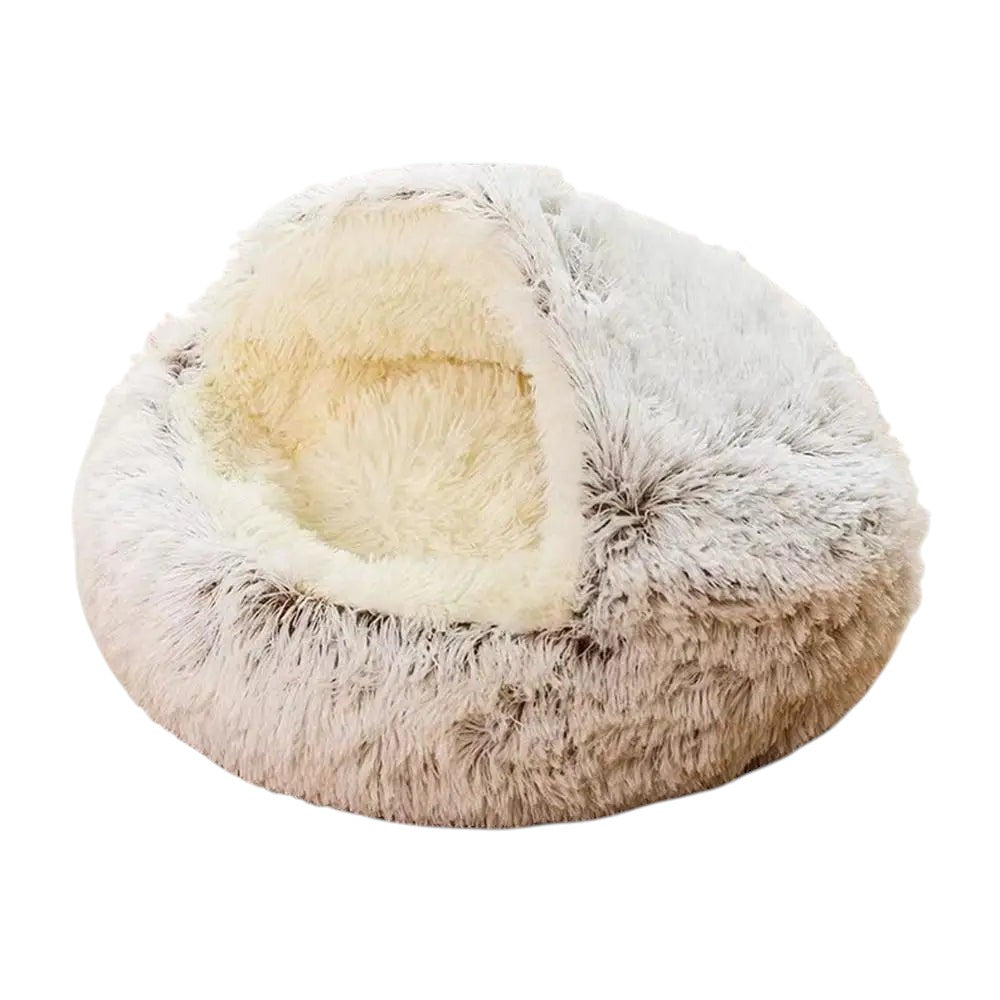 COMFORT plush cozy cat bed in grey and cream, enclosed burrowing nest design for security and warmth.