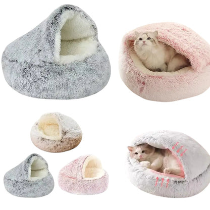COMFORT plush grey and pink enclosed cat bed with soft lining, burrowing nest design