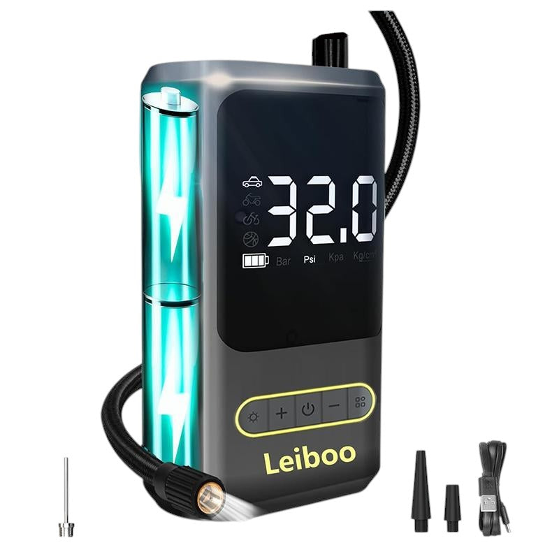 COMFORT portable digital tire inflator with LED light and digital display showing 32.0 PSI. Includes various nozzles.