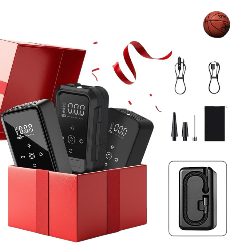 COMFORT portable digital tire inflator with built-in LED light, digital display, and accessories in a red gift box.
