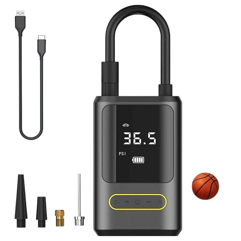 COMFORT portable digital tire inflator with built-in light, digital display showing 36.5 PSI, includes charging cables and nozzles.