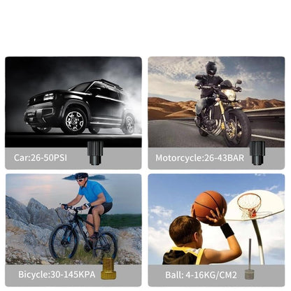 COMFORT portable digital tire inflator with built-in light, shows car, motorcycle, bicycle, and ball inflation ranges.