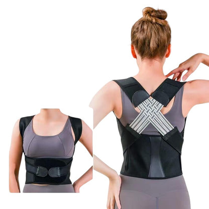 COMFORT adjustable black posture corrector back brace with lumbar support and criss-cross straps for men and women.