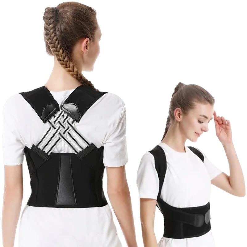 COMFORT adjustable black posture corrector back brace support for men and women, made of breathable material.