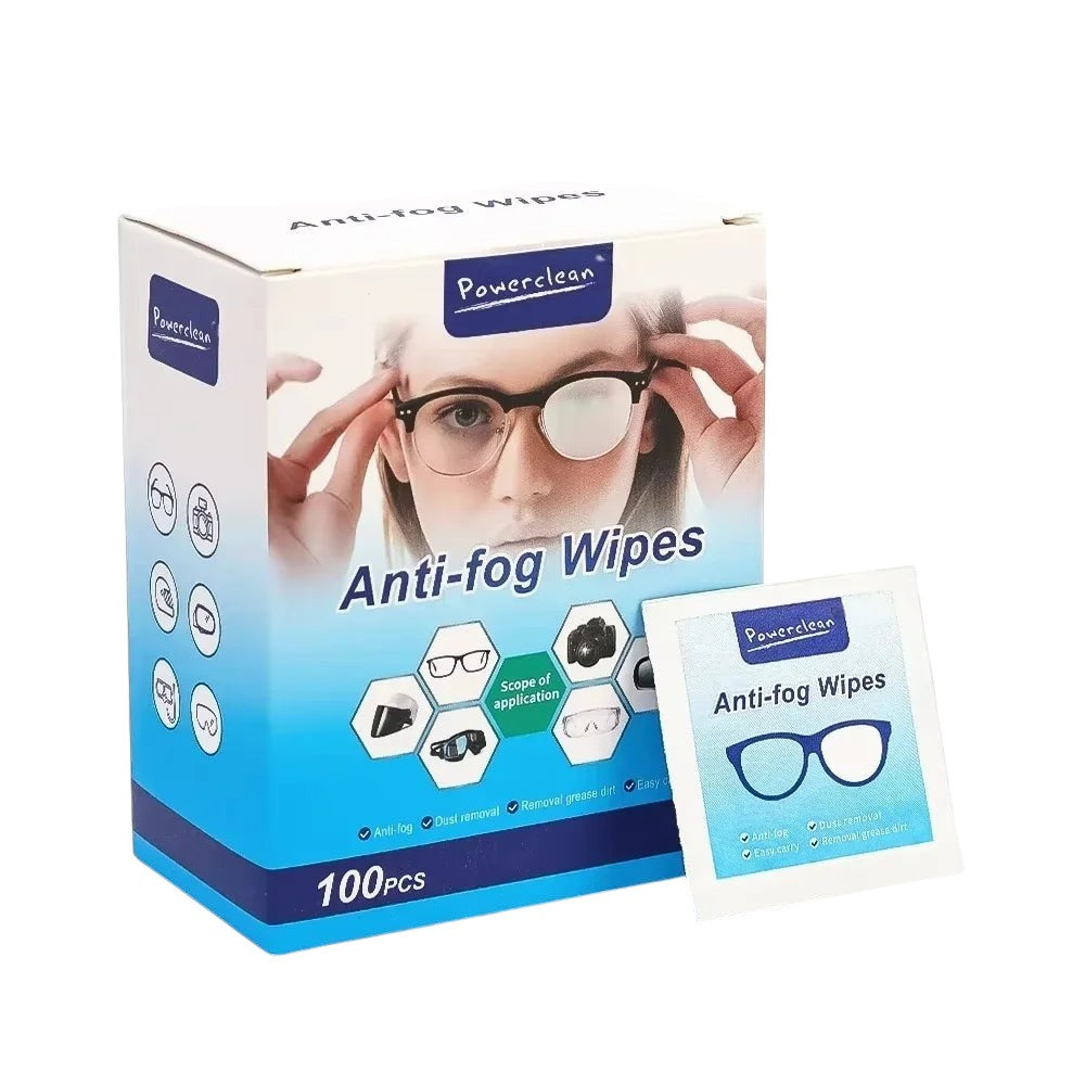 COMFORT Powerclean Anti-fog Wipes for eyeglasses, sunglasses, and goggles. Box of 100 individually wrapped wipes.