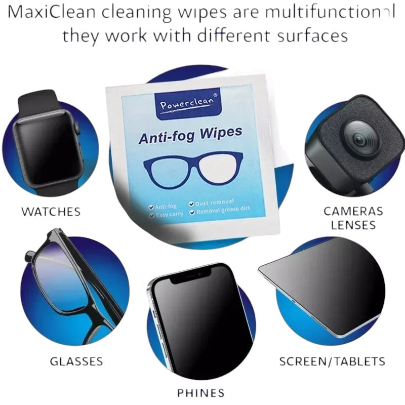 COMFORTH Powerclean Anti-fog Wipes for eyeglasses, watches, camera lenses, phones, and screens. Individually wrapped.