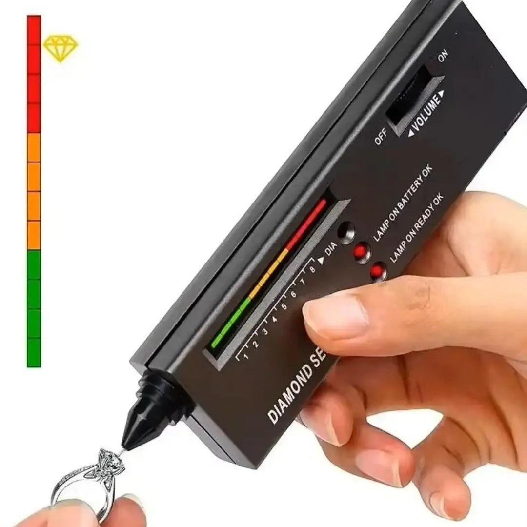 COMFORTH Professional diamond tester pen with LED display and audio indicators, used to test a diamond ring.