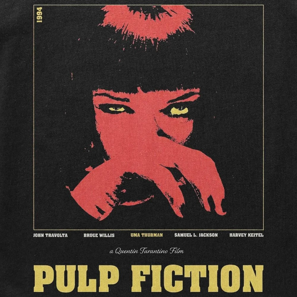 COMFORTH black cotton t-shirt with Pulp Fiction movie poster graphic featuring Uma Thurman's face in red and yellow, 1994, and cast names.