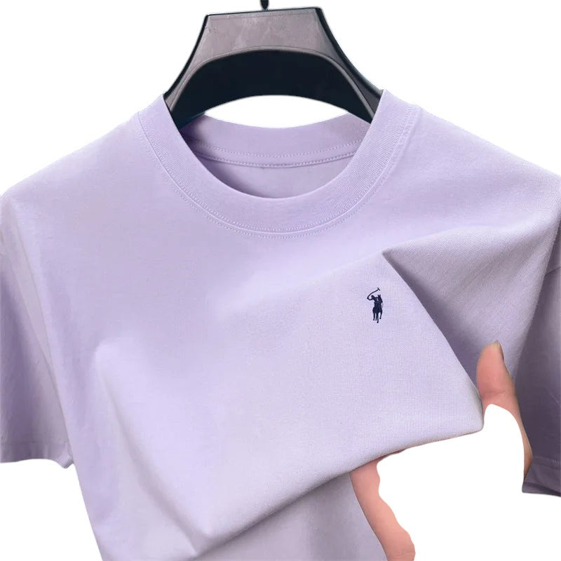 COMFORT crew neck short sleeve t-shirt in light purple cotton blend with embroidered logo on chest.