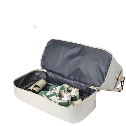 COMFORTH Quilted Duffel Bag with separate shoe compartment, beige, with green and white sneakers inside.