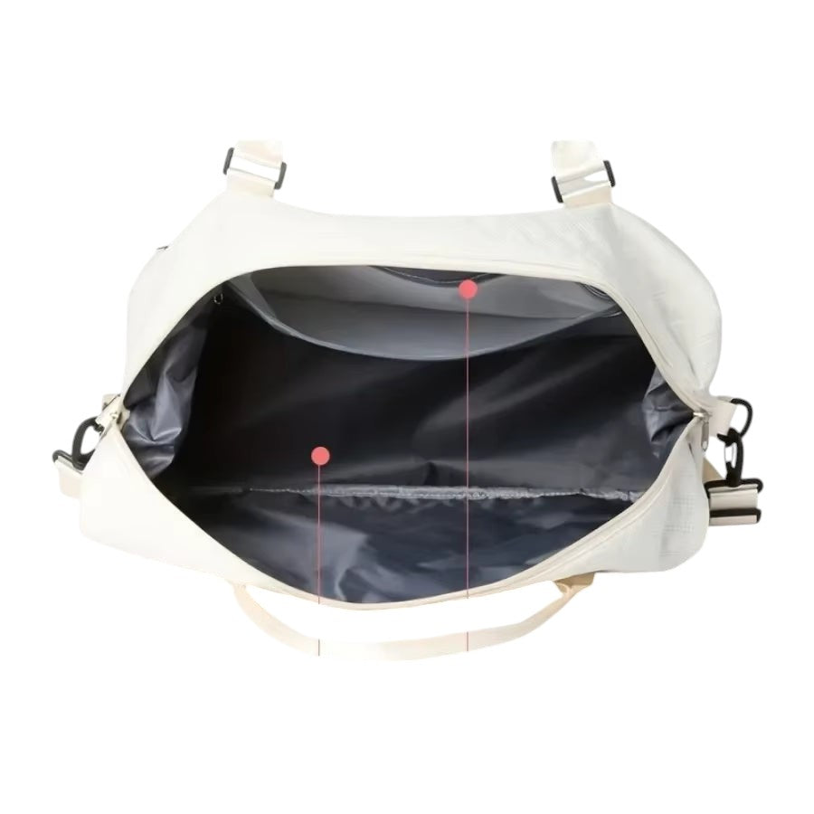 COMFORTH White Quilted Duffel Bag with Matching Pouch, spacious main compartment and separate bottom compartment.