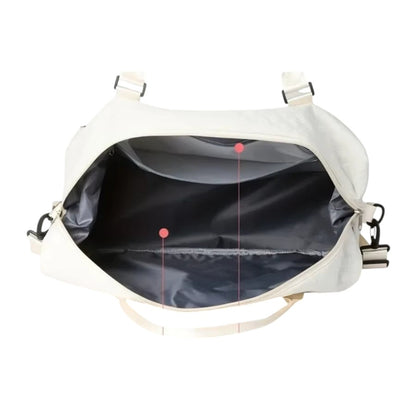 COMFORTH White Quilted Duffel Bag with Matching Pouch, spacious main compartment and separate bottom compartment.