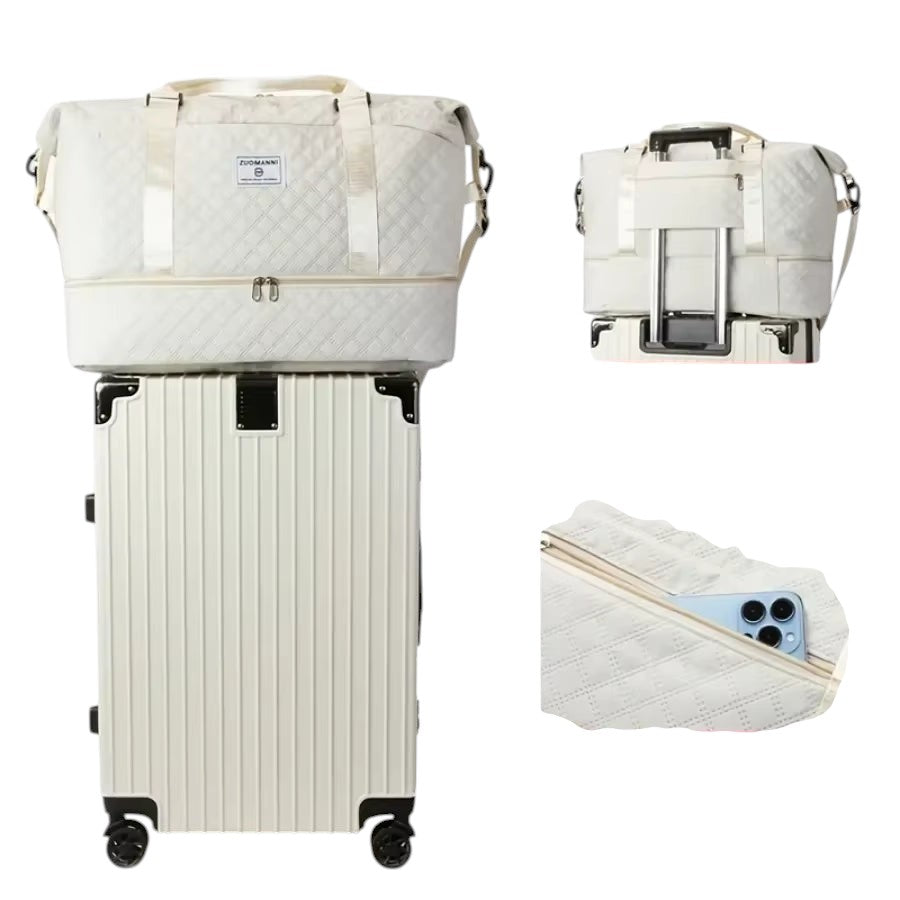COMFORTH quilted duffel bag with matching pouch, white, diamond-quilted pattern, separate bottom compartment, top handles, shoulder strap.
