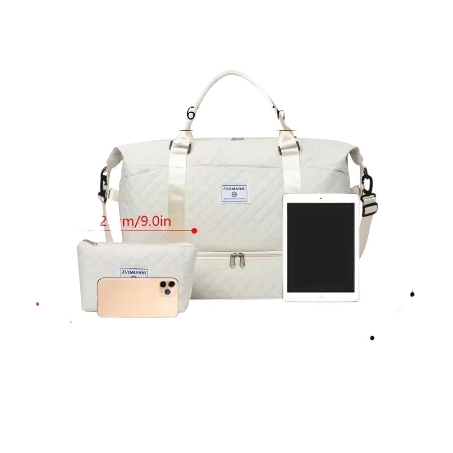 COMFORTH white quilted duffel bag with matching pouch, featuring diamond quilting, top handles, and a detachable shoulder strap.