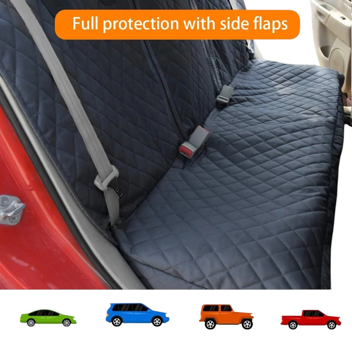 COMFORT black quilted waterproof car seat cover for back seat with side flaps and storage pockets.