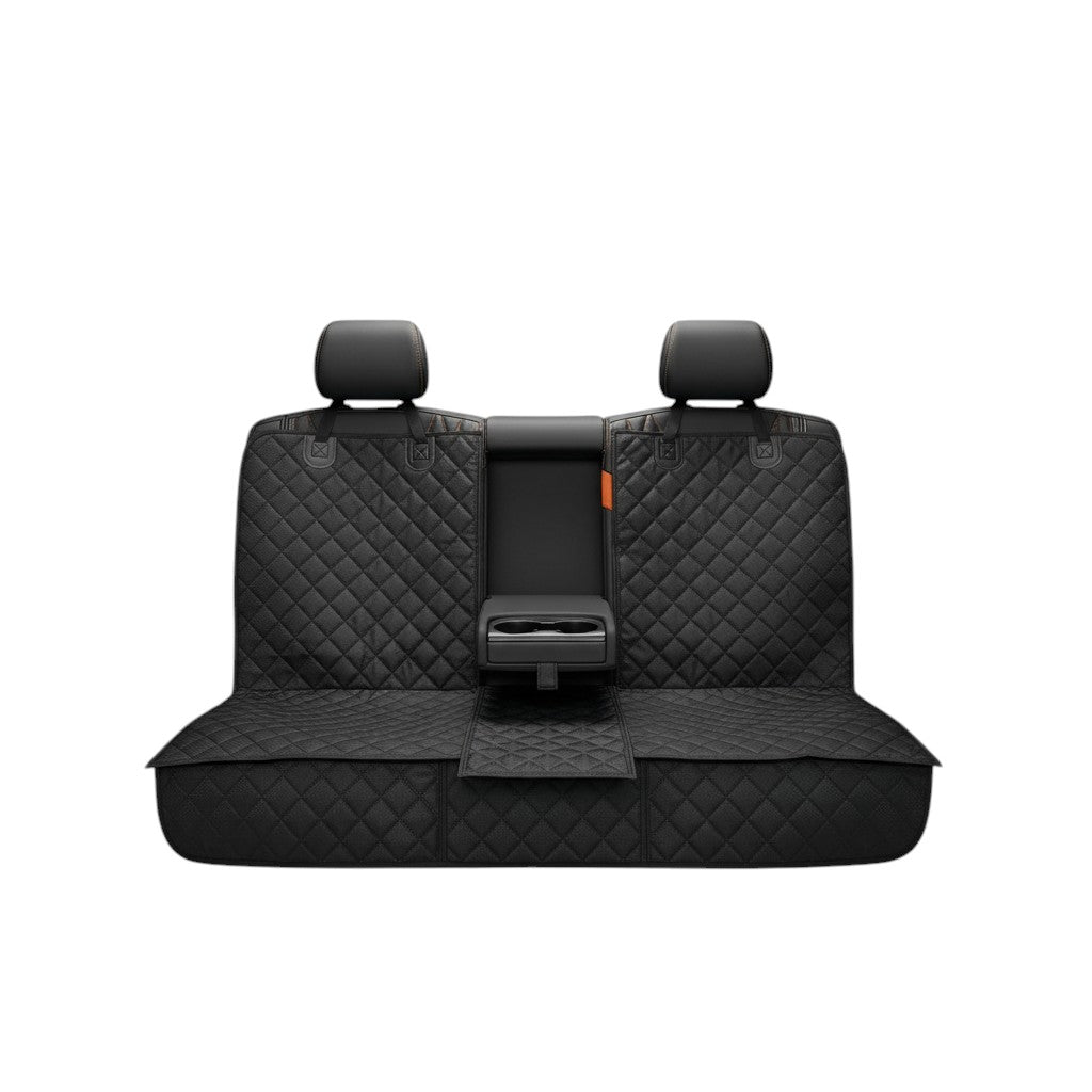COMFORT black quilted waterproof car seat cover for back seat with built-in pockets and cup holder access.