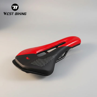 COMFORT red and black ergonomic bicycle saddle with central channel and textured grip for cycling enthusiasts.