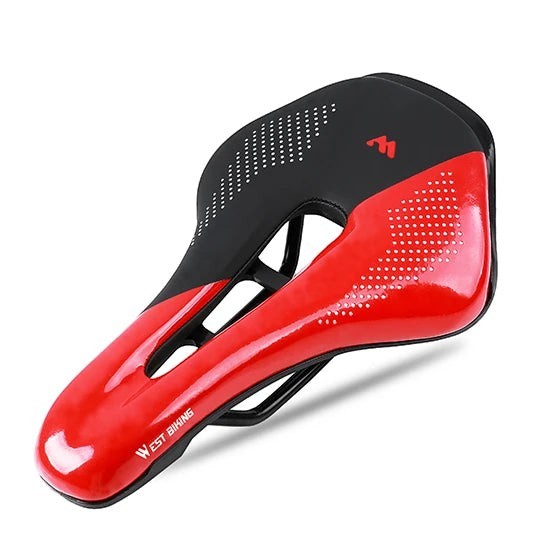 COMFORT red and black ergonomic bicycle saddle with central channel and textured grip for cycling enthusiasts.