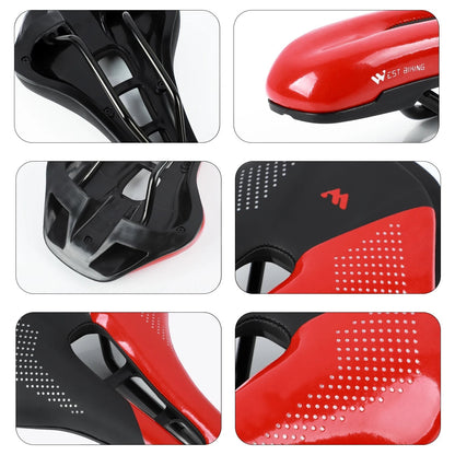 COMFORTH bicycle saddle, red and black, ergonomic design with central channel and textured grip.
